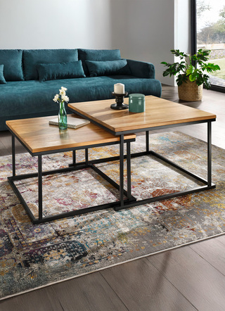 Couchtischset, 2-teilig, auf schwarz lackiertem Metallgestell