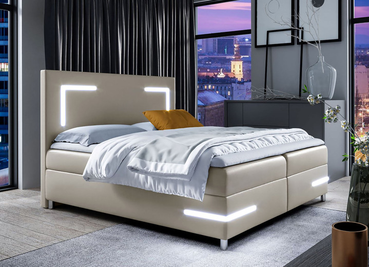 Boxspringbetten - Boxspringbett mit LED-Beleuchtung und Topper, in Farbe CAPPUCCINO Ansicht 1