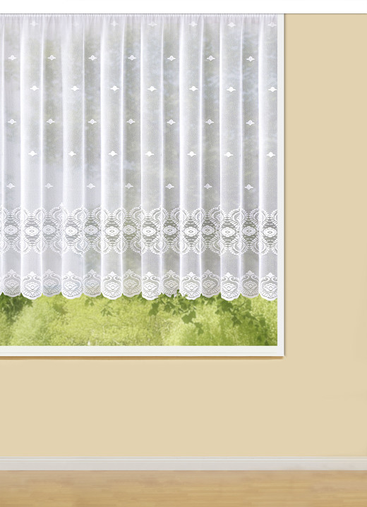 Klassisch - Blumenfenster-Vorhang mit Universalschienenband, in Größe 140 (H125xB300 cm) bis 181 (H175xB600 cm), in Farbe WEISS Ansicht 1