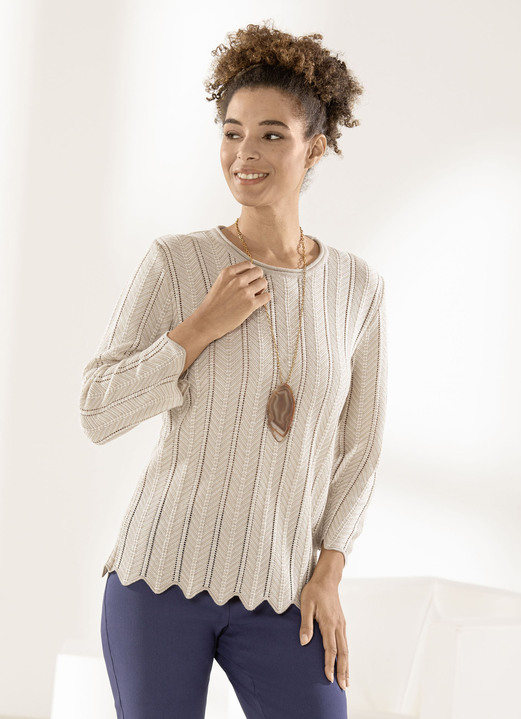 3/4-Arm - Pullover mit aufwendiger, zweifarbiger Struktur, in Größe 042 bis 052, in Farbe BEIGE-WEISS Ansicht 1