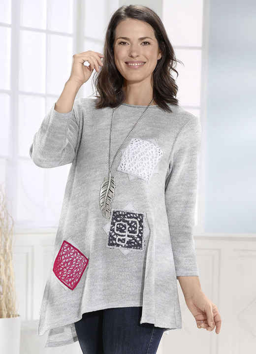 - Pullover in schwingender Form, in Größe 3XL(56/58) bis XXL(52/54), in Farbe HELLGRAU MELIERT-WEISS-JEANSBLAU