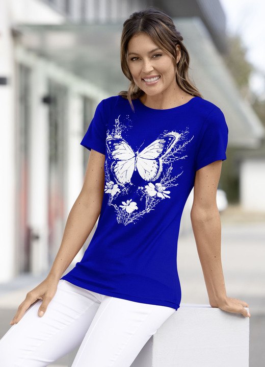Kurzarm - Shirt mit Schmetterlings-Druck in 3 Farben, in Größe 036 bis 054, in Farbe ROYALBLAU Ansicht 1