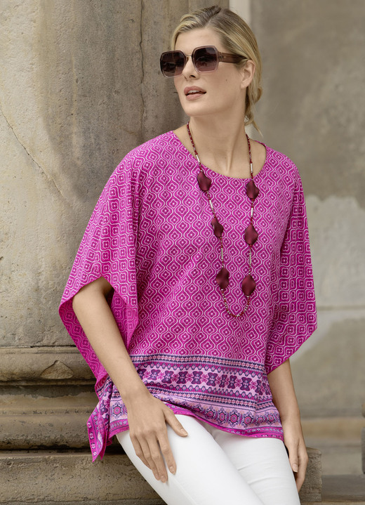 Tuniken - Poncho-Tunika mit überschnittenen Ärmeln, in Größe 036 bis 052, in Farbe FUCHSIA-BUNT