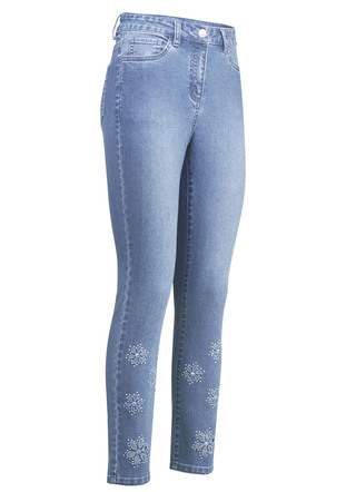 Jeans mit floralen Lochstickereien und Strasssteinchen