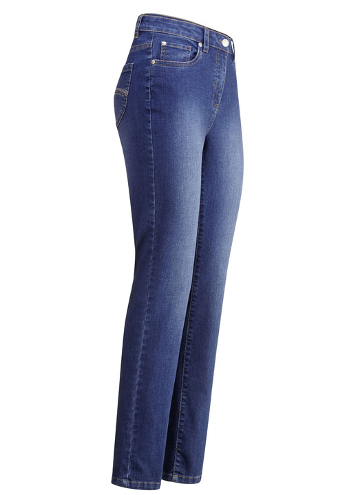 Hosen mit Knopf- und Reissverschluss - Jeans mit schönen Stickereien und funkelnden Strassteinen, in Größe 017 bis 052, in Farbe JEANSBLAU Ansicht 1