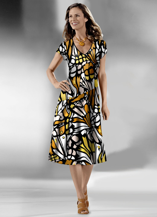 Kleider - Kleid in raffinierter Wickel-Optik, in Größe 036 bis 552, in Farbe SCHWARZ-BUNT