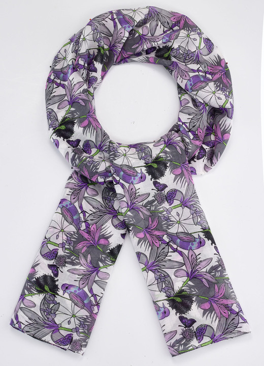 - Schal mit Blüten- und Vogelmotiven, in Farbe WEISS-GRAU-VIOLETT Ansicht 1