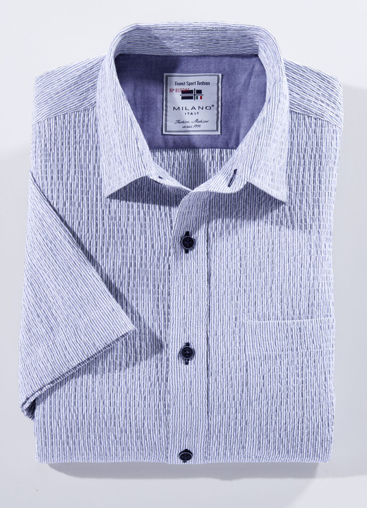 Hemden - Seersucker Hemd von «Milano Italy» in 3 Farben, in Größe 3XL (47/48) bis XXL (45/46), in Farbe OLIV-BLAU GESTREIFT