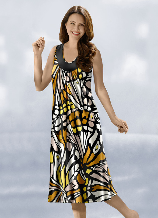 Strandkleider - Klaus Modelle Kleid mit farbbrillantem Druckdessin, in Größe 040 bis 058, in Farbe SCHWARZ-BUNT