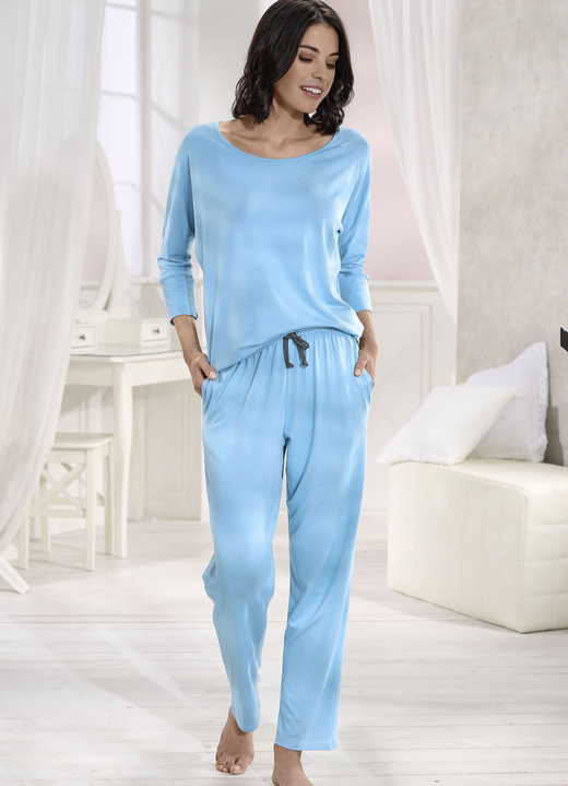 Pyjamas & Shortys - Hose aus Viskose und Elastan mit Kordelzug und Taschen, in Größe 036 bis 054, in Farbe AQUA Ansicht 1