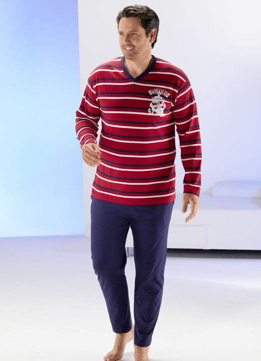 - Pyjama mit V-Ausschnitt und garngefärbtem Ringeldessin, in Größe 046 bis 062, in Farbe ROT-MARINE-WEISS