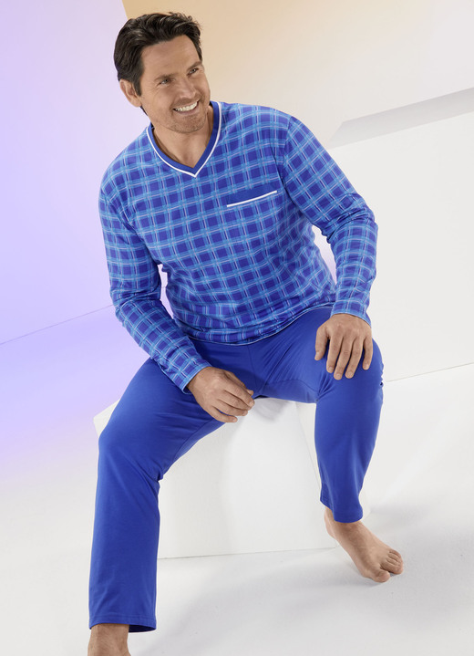 - Pyjama mit V-Ausschnitt und Karodessin, in Größe 050 bis 060, in Farbe ROYALBLAU-BLAU