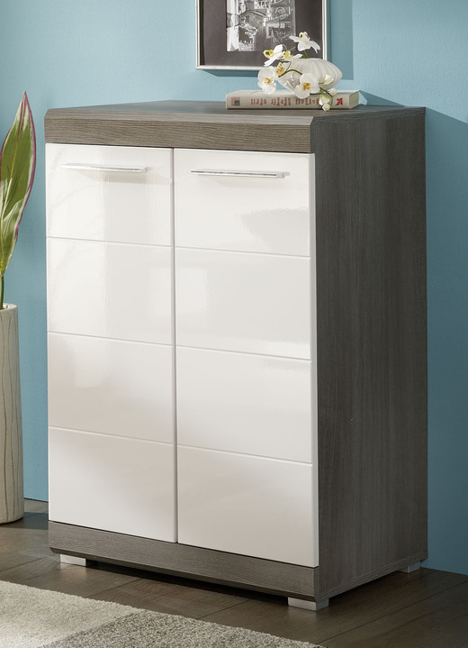 - Kommodenserie mit profilierten MDF-Fronten in Weiss Hochglanz, in Farbe WEISS-SILBER, in Ausführung 2-türig