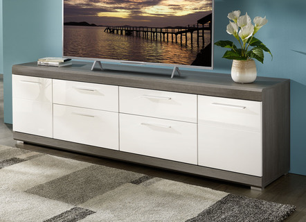 TV-Longboard mit profilierten MDF-Fronten in Weiss Hochglanz