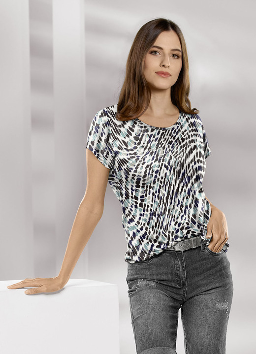 Kurzarm - Shirt in Premium Qualität, in Größe 036 bis 050, in Farbe ECRU-SCHWARZ-GRÜN
