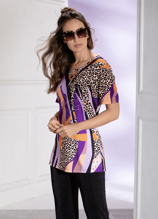 Kurzarm - Faszinierendes Longshirt mit Seitenschlitzen, in Größe 038 bis 054, in Farbe FLIEDER-LILA-ORANGE