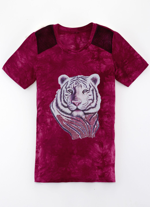 Shirts mit Strass - Attraktives Longshirt mit Netzeinsatz in 2 Farben, in Größe 038 bis 050, in Farbe BORDEAUX BATIK Ansicht 1
