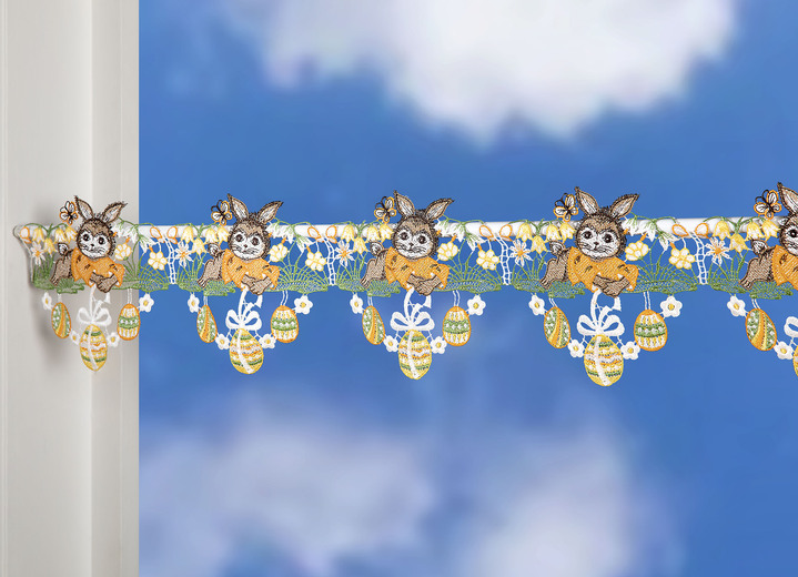 Kurzgardinen - Stangendeko mit witzigen Osterhasenmotiven, in Größe 628 (H15xB 48 cm) bis 660 (H15xB112 cm), in Farbe BUNT
