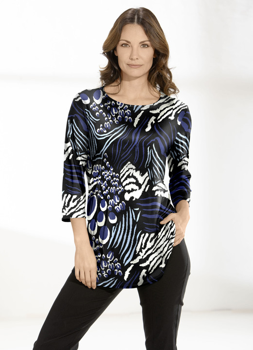 - Longshirt mit modisch flachem Halsausschnitt , in Größe 044 bis 050, in Farbe SCHWARZ-ECRU-BLAU