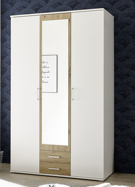 Schlafzimmerschränke - Moderner Kleiderschrank auf Wunsch mit Aufbau-Service, in Farbe WEISS-EICHE, in Ausführung 3-türig mit Spiegel Ansicht 1