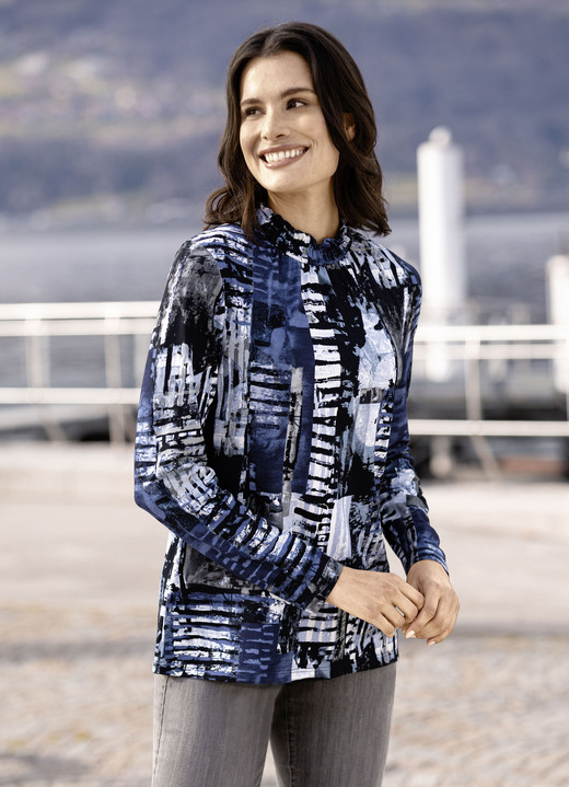 Langarm - Shirt in Feinjersey, in Größe 036 bis 050, in Farbe BLAU-MULTICOLOR