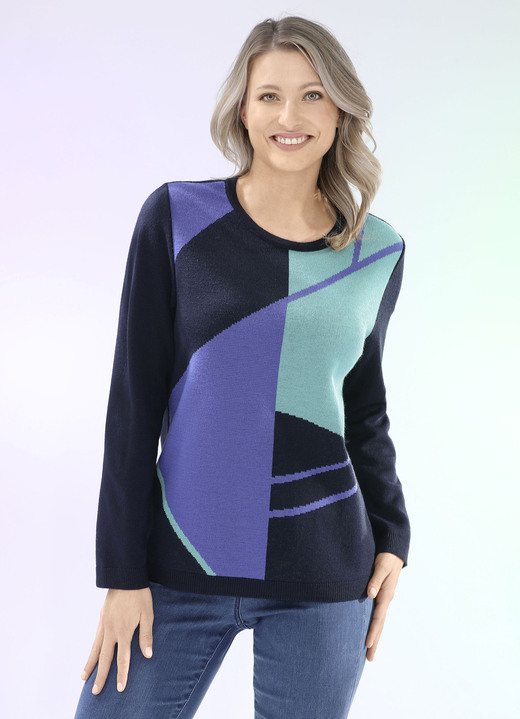 Langarm - Pullover mit Jacquard-Dessin, in Größe 038 bis 054, in Farbe MARINE-ROYALBLAU-JADEGRÜN Ansicht 1