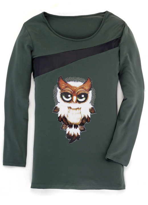 Shirts - Shirt mit schwarzem Nappaleder-Imitat-Einsatz in 2 Farben, in Größe 036 bis 054, in Farbe OLIV Ansicht 1