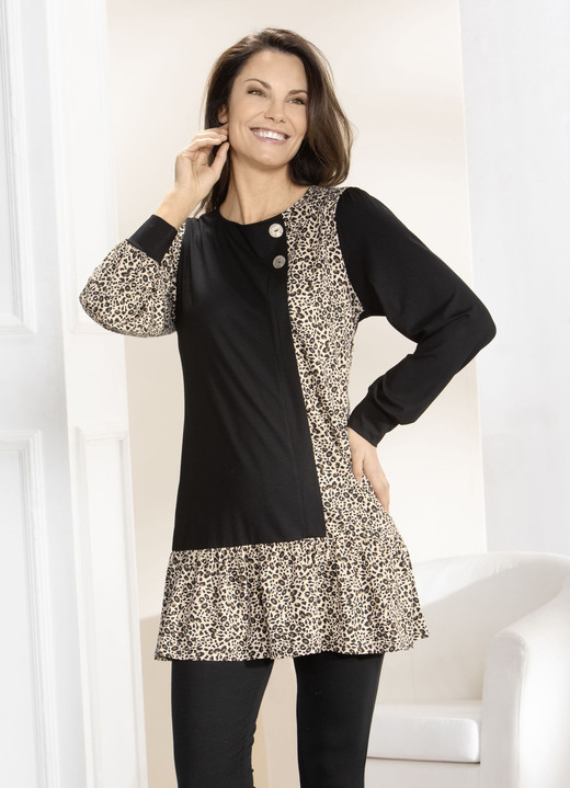 Tuniken - Extravagante Tunika mit Zierknöpfen, in Größe 038 bis 052, in Farbe SCHWARZ-BEIGE-BRAUN