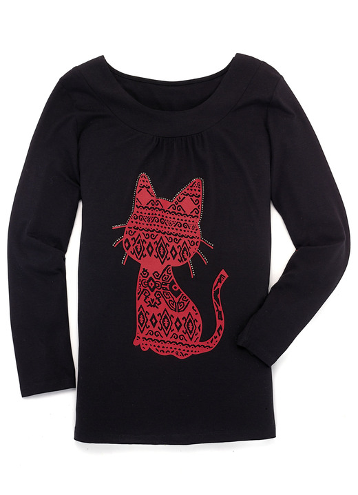 Langarm - Shirt mit Katzen-Motiv in 2 Farben, in Größe 038 bis 054, in Farbe SCHWARZ Ansicht 1