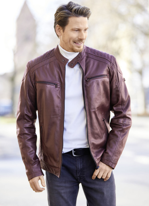 - Lederkurzjacke mit Zierstepp, in Größe 046 bis 060, in Farbe ANTIK BORDEAUX Ansicht 1