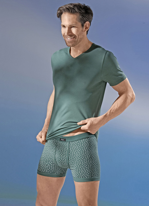 - Dreierpack Unterhosen, allover dessiniert, in Größe 005 bis 011, in Farbe 2X GRÜN-WEISS, 1X MARINE-WEISS