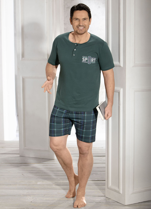 - Shorty mit Knopfleiste und Druckmotiv, in Größe 046 bis 062, in Farbe TANNENGRÜN-MARINE