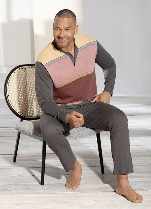 - Hajo Klima light Pyjama mit Knopfleiste und garngefärbtem Ringeldessin, in Größe 046 bis 062, in Farbe GRAFIT-BUNT Ansicht 1