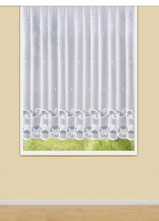 Klassisch - Leichter Blumenfenster-Vorhang mit Automatikfaltenband, in Größe 140 (H120xB300 cm) bis 181 (H175xB600 cm), in Farbe WEISS Ansicht 1