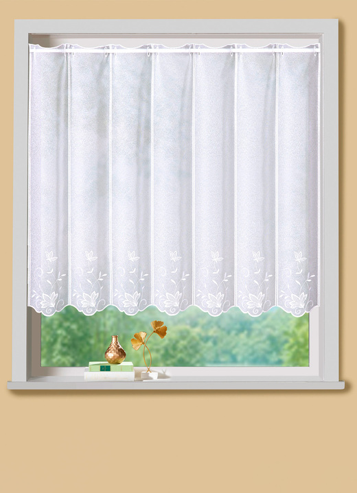 Kurzgardinen - Kurzvorhang mit Blätter-Stickerei und Stangendurchzug, in Größe 660 (H30xB 90 cm) bis 858 (H60xB120 cm), in Farbe WEISS