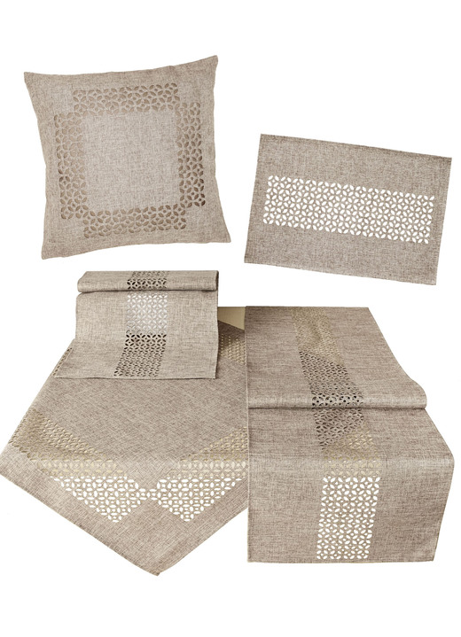 Tischdecken - Tischdecke mit dekorativer Lochstanzung, in Größe 135 (2x Platzset, 30/ 45 cm) bis 404 (Kissenbezug, 40/ 40 cm), in Farbe HELLBRAUN Ansicht 1