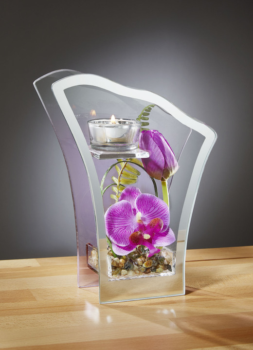 - Glas-Teelichthalter mit Spiegelumrandung, in Farbe LILA-GRÜN
