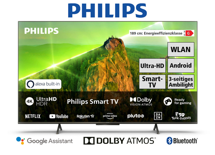 - Philips 4K-Ultra-HD-Ambilight-LED-Fernseher mit 60 Hz, in Farbe SCHWARZ Ansicht 1