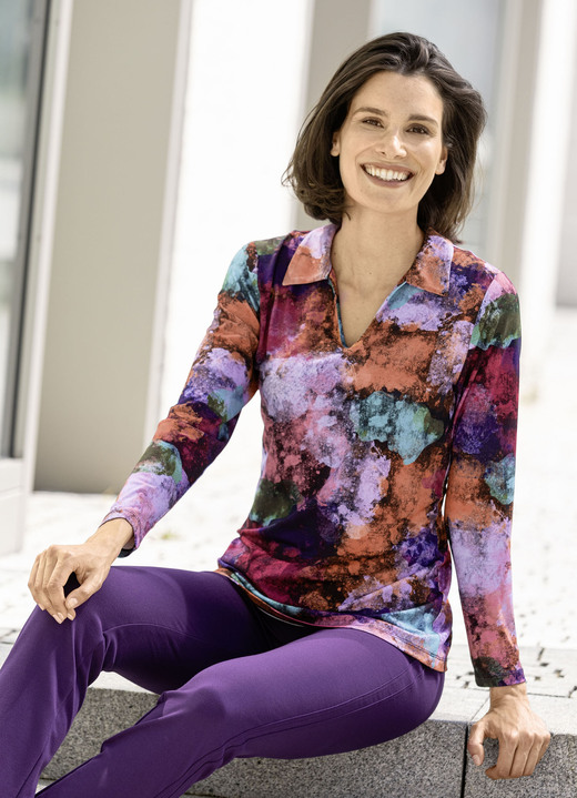 Langarm - Einzigartiges Poloshirt mit V-Ausschnitt , in Größe 038 bis 054, in Farbe MULTICOLOR