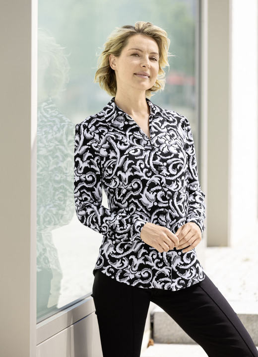 Shirts - Shirtbluse mit durchgehender Knopfleiste in 2 Farben, in Größe 036 bis 050, in Farbe SCHWARZ-GRAU