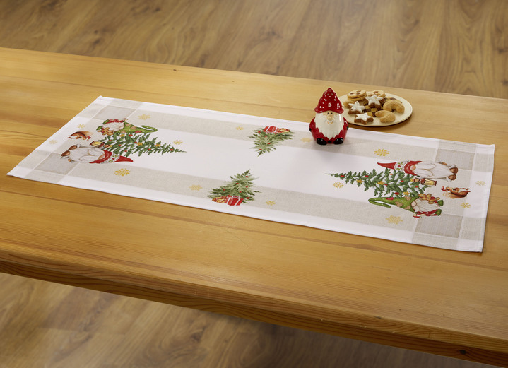 Tischdecken - Tischdecke mit weihnachtlichem Wichtel-Dessin, in Größe 101 (Deckchen, 35x 50 cm) bis 404 (Kissenbezug, 40x 40 cm), in Farbe NATUR-BUNT Ansicht 1