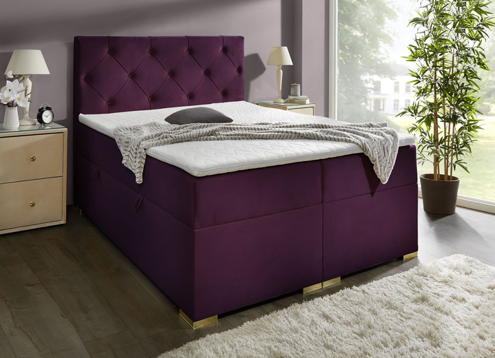 Boxspringbetten - Boxspringbett mit Bonnell-Federkern-Matratze und Topper, in Farbe BORDEAUX