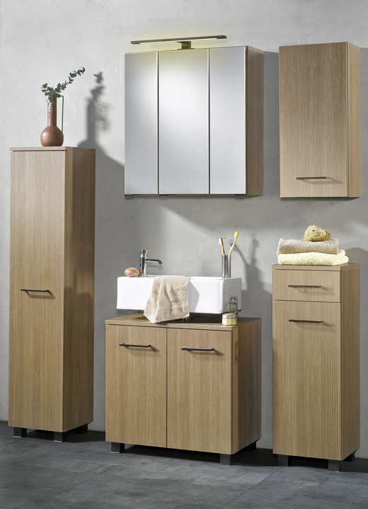 Badezimmermöbel - Stehend oder hängend montierbares Badmöbel-Programm, in Farbe EICHE DUNKEL, in Ausführung Spiegelschrank, 3-türig Ansicht 1
