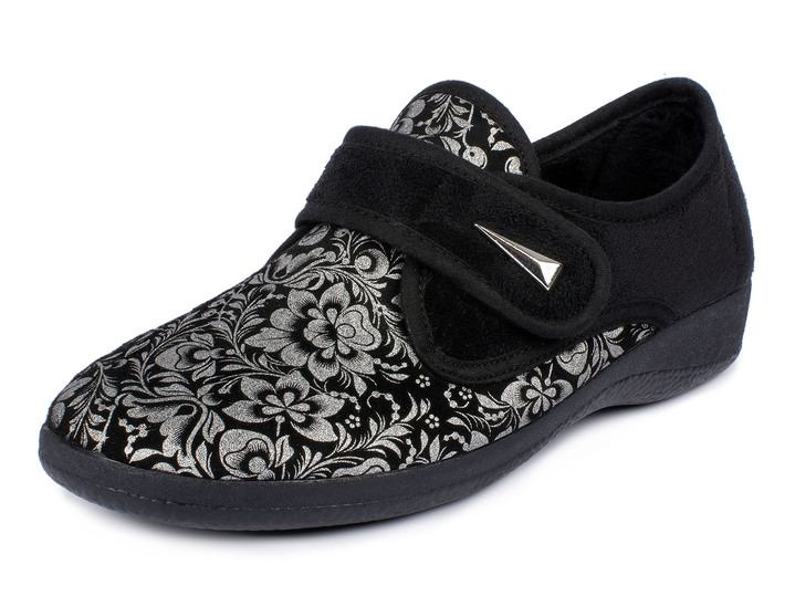 Weite H - Damen Klett-Halbschuh im Blüten-Design, in Größe 036 bis 042, in Farbe SCHWARZ Ansicht 1