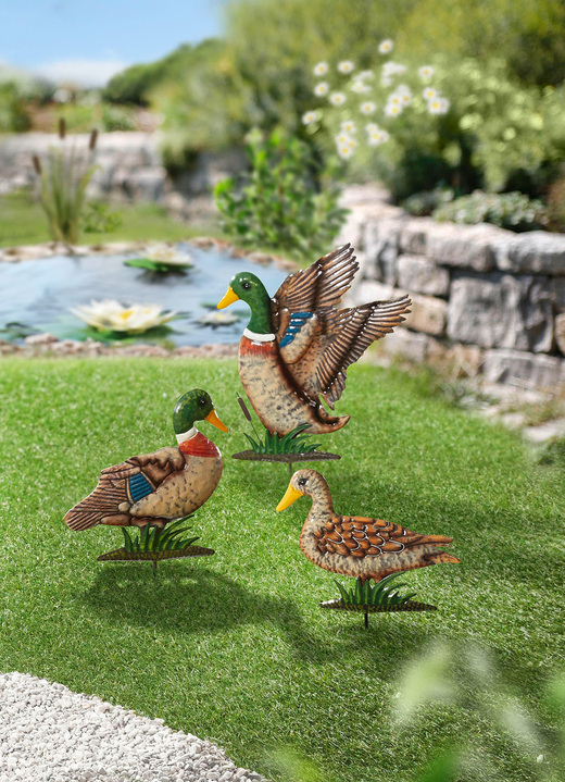 Gartendekoration - Farbenfrohe Entenfamilie aus Eisen, 3er-Set, in Farbe BUNT