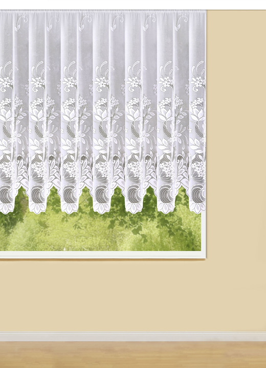 - Blumenfenster-Vorhang mit Automatikfaltenband 1:3 und gebogtem Abschluss, in Größe 136 (H105xB300 cm) bis 174 (H160xB600 cm), in Farbe WEISS Ansicht 1