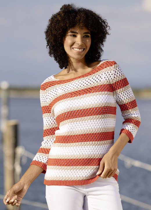 3/4-Arm - Pullover mit nachhaltig recycelter Baumwolle 3/4-Arm - Pullover mit nachhaltig recycelter Baumwolle, in Größe 036 bis 052, in Farbe ORANGE-BEIGE-WEISS