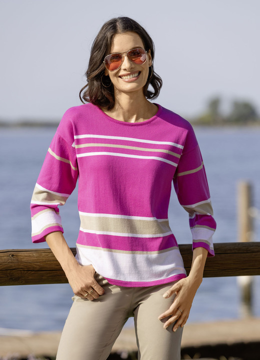 Pullover - Pullover in Ringelmuster, in Größe 036 bis 052, in Farbe PINK-WEISS-BEIGE Ansicht 1