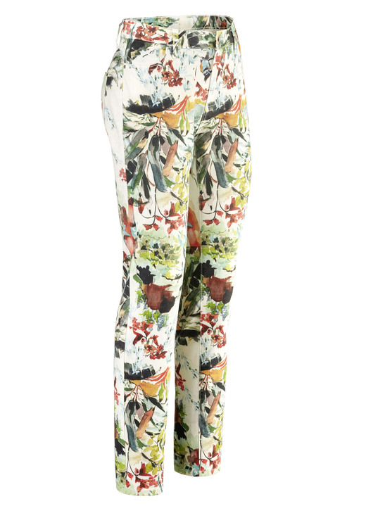 Hosen mit Knopf- und Reissverschluss - Hose mit farbbrillantem Druck Hosen mit Knopf- und Reissverschluss - Hose mit farbbrillantem Druck, in Größe 017 bis 050, in Farbe ECRU-GRÜN-ORANGE-BUNT