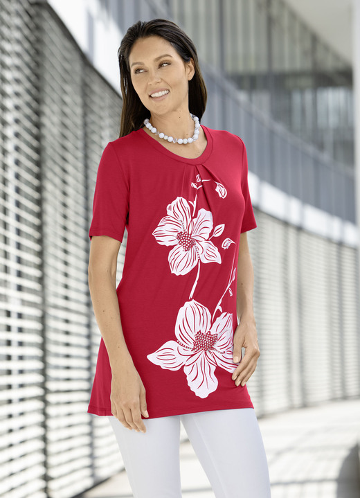 Damenmode - Longshirt mit Kontrast-Druck in 2 Farben, in Größe 038 bis 056, in Farbe ROT Ansicht 1